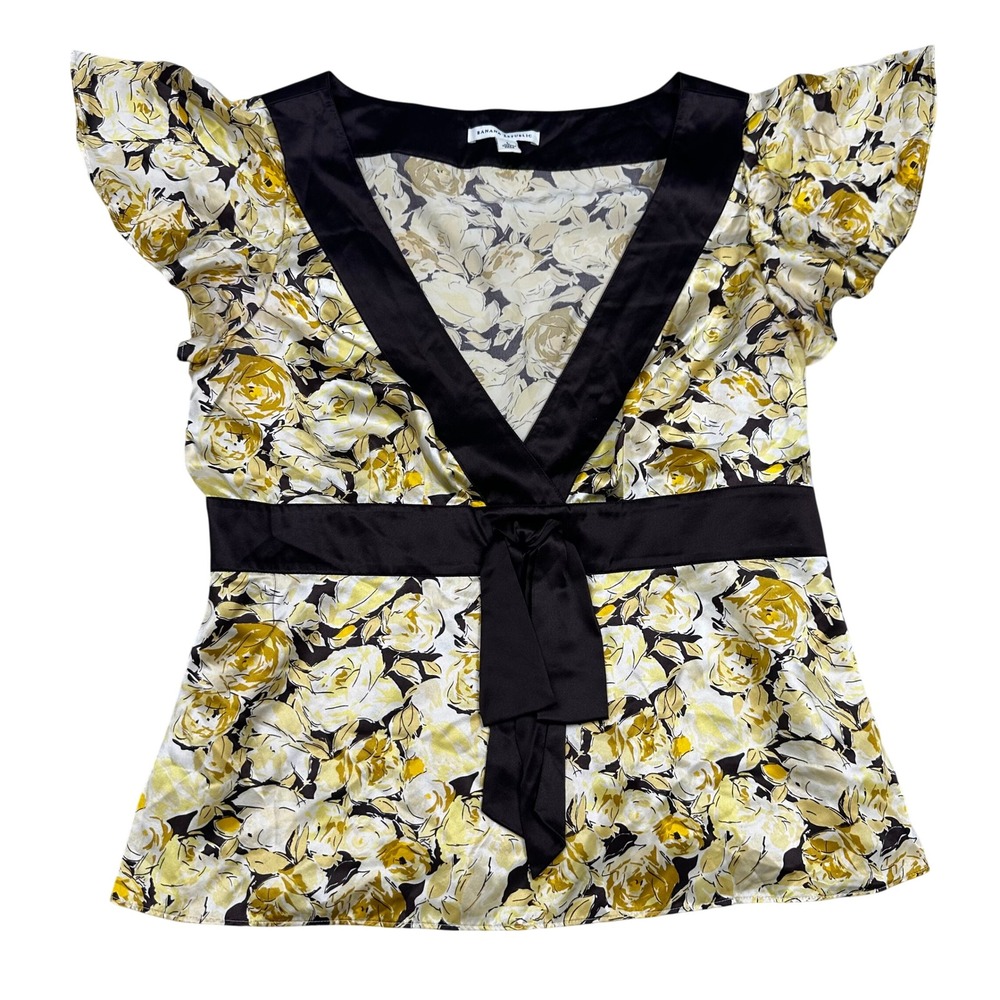 VTG babydoll silk top Womens Yellow Floral Flutter Sleeve Blouse L 100% SILK